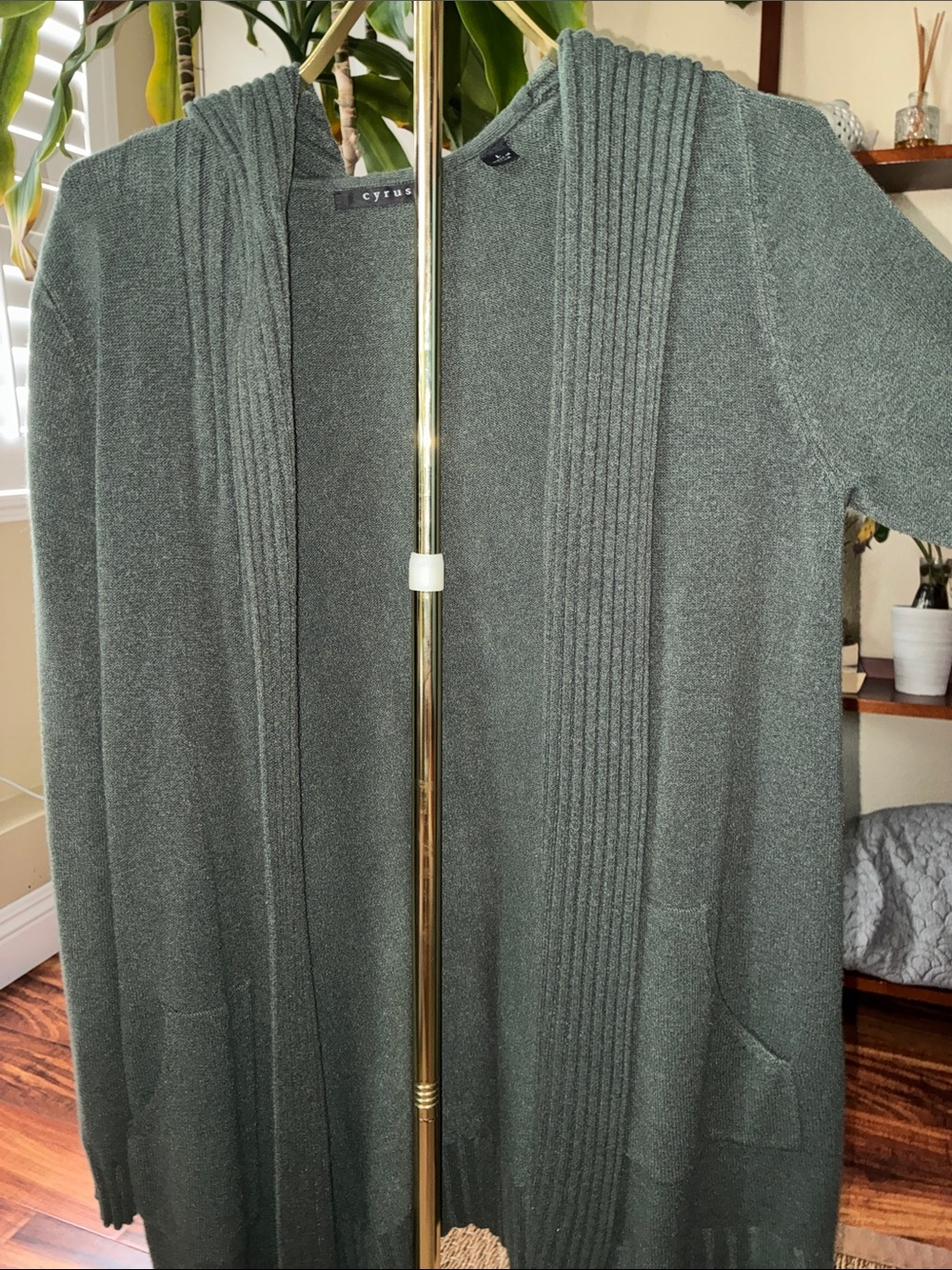 Cyrus Open-Front Hooded Cardigan in Moss Green